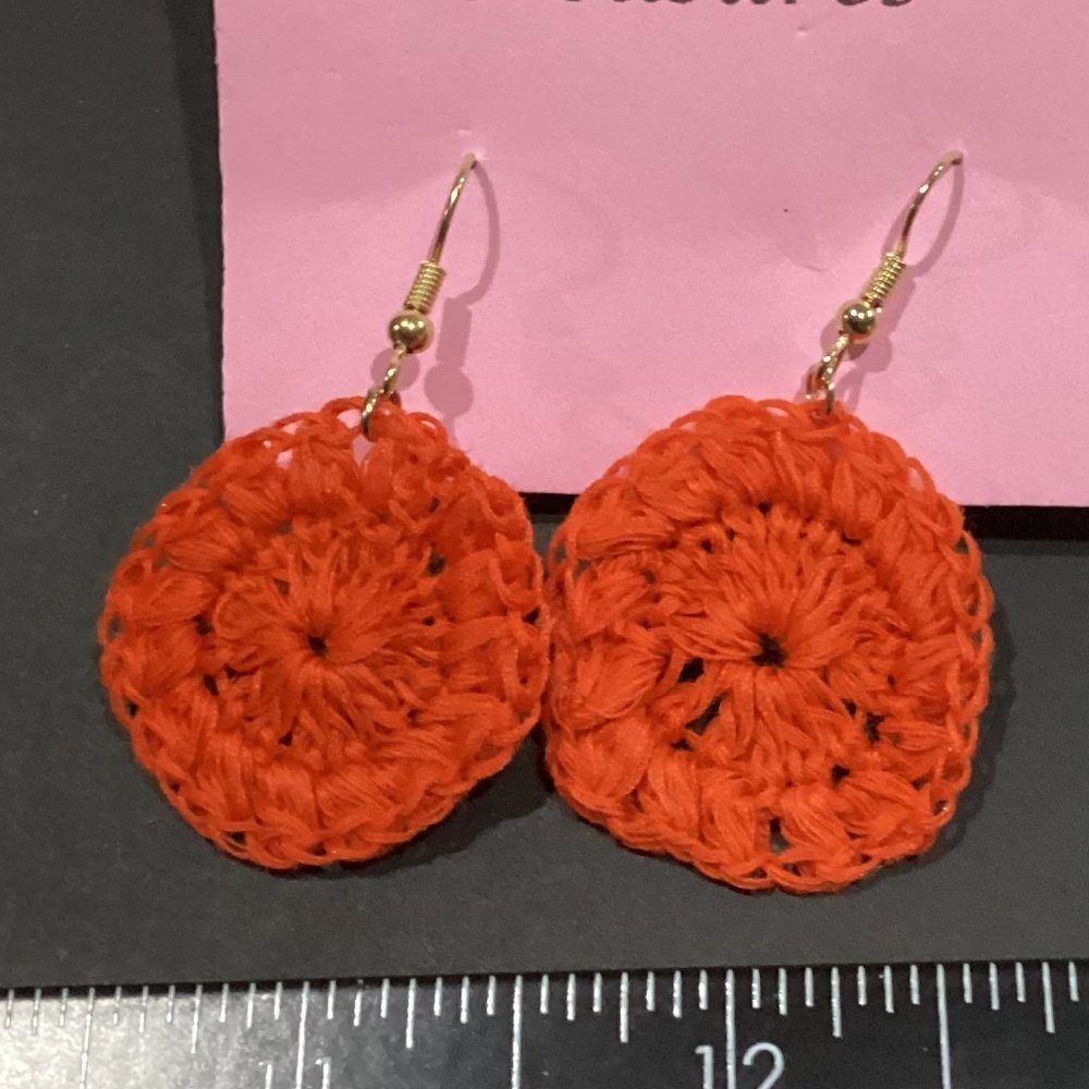Earrings Orange Starburst Circle Crocheted Crochet Hand Crafted